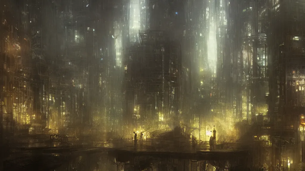 Image similar to technological cityscape deep underground, andreas achenbach, artgerm, mikko lagerstedt, zack snyder, tokujin yoshioka