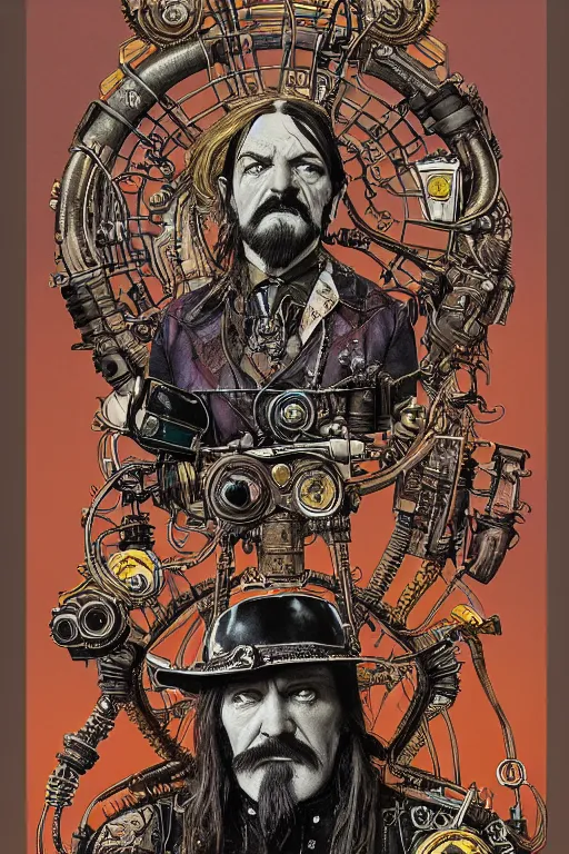 Prompt: A dramatic full-color art nouveau and ironpunk styled bust portrait portrait of lemmy kilmister as an ironpunk motor engine king, hyperdetailed mixed media artwork combining the styles of Geof Darrow, Travis Charest, Michael Kaluta, wild power, frantic excitement, emotional release, perfectly symmetrical facial features, 8k, deeply detailed, cinematic lighting, Bill Sienkiewicz textures, Thomas kinkade lighting, Takata Yamamoto style, 8k, UHD, HDR