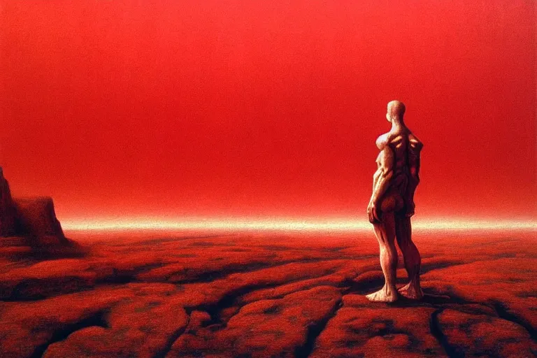 Image similar to only with red, a red god of death eat apple, a futuristic city on mars in background, an ancient path, pathos, in the style of beksinski, part by hopper, part by rodcenko, part by hofbauer, intricate composition, red by caravaggio, insanely quality, highly detailed, masterpiece, red light, artstation