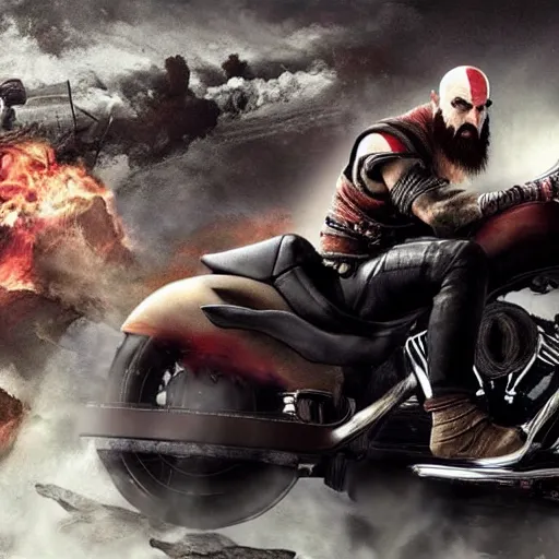 Image similar to kratos riding a black harley - davidson motorcycle off a cliff, cinematic render, playstation studios official media, god of war 2 0 1 8, flames, centered