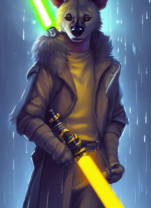 Prompt: beautiful portrait commission of a male furry anthro hyena fursona wearing jedi robes and wielding a yellow lightsaber in a cyberpunk city at night in the rain. character design by charlie bowater, ross tran, artgerm, and makoto shinkai, detailed, inked, western comic book art