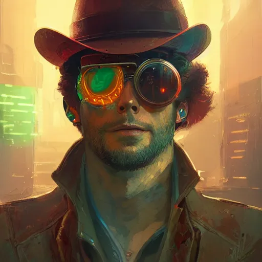 Prompt: a head and shoulders portrait of a space cowboy, neon, retro, steampunk, smooth, sharp focus, intricate, artstation, detailed concept art by Marc Simonetti