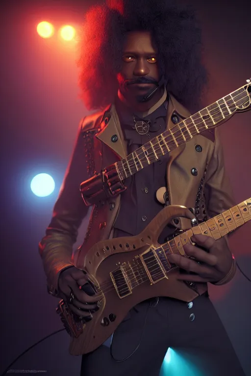 Image similar to a steampunk black man with long curly hair, playing electric guitar at a night club, focus on the musicians, cinematic lighting, exaggerated detailed, unreal engine, octane render, trending on artstation, art by greg rutkowski, 4 k