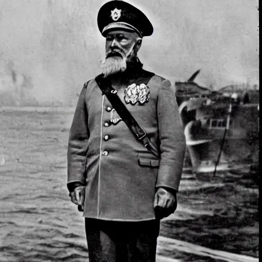 Image similar to a old man in officer suit of russian empire, gray hair and beard, standing near giant yellow dieselpunk ship