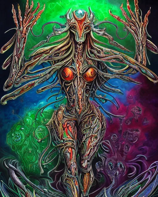 Image similar to silver mechanical charred bloody fleshmetal cyborg daemonhost woman psychedelic flamer of tzeentch with extra arms, blue and green rainbow fire, by antonio j. manzanedo, alex grey, android jones, wayne barlowe, philippe druillet, raymond swanland, cyril rolando, josephine wall, cronenburg, trending on artstation