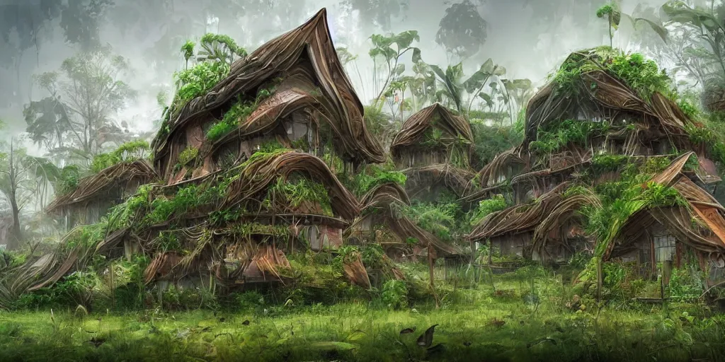 Image similar to long and tall organic houses, village, jungle, artstation, digital art