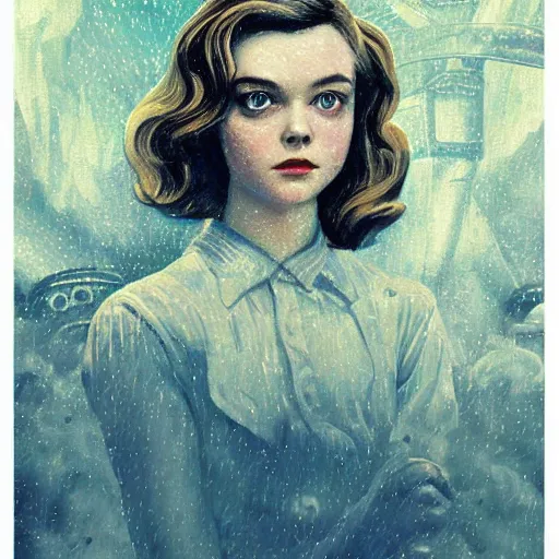 Image similar to professional painting of Elle Fanning in Bioshock Rapture the style of Henri-Edmond Cross, head and shoulders portrait, symmetrical facial features, smooth, sharp focus, illustration, intricate, stormy weather, extremely detailed masterpiece,