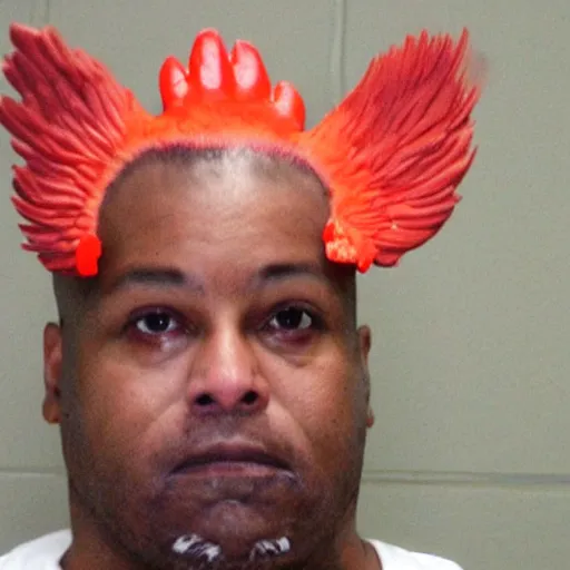 Image similar to an inmate has a chicken head instead of its own head