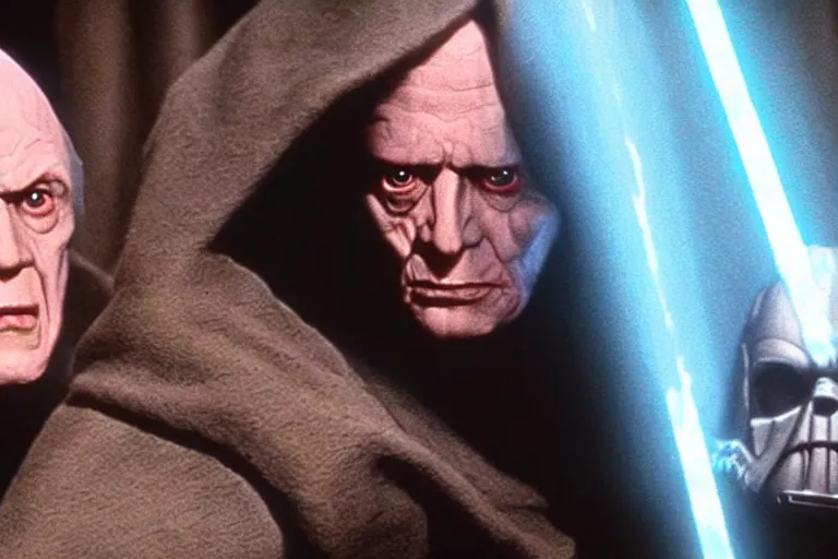 Image similar to (a cinematic still from return of the jedi!!), palpatine, masterpiece
