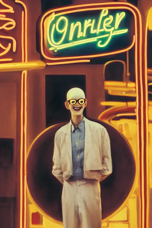 Prompt: orientalist painting portrait of a slender man with short hair and rounded sunglasses, smiles in despair, atmospheric and obscure, standing under the cereal convention neon sign, by roger deakins, cinematography, syd mead, realistic, 5 0 mm