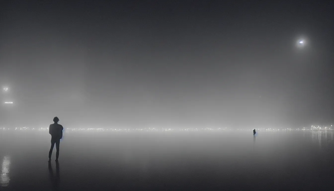 Image similar to 80s asian neon movie still with a lone man levitating over a pier by the river on early morning with city lights behind his back, Fog raising from river, Color film, Fallen angels movie still. hyperrealistic, photorealistic, high definition, medium format photography, highly detailed, tehnicolor, anamorphic 50mm lens