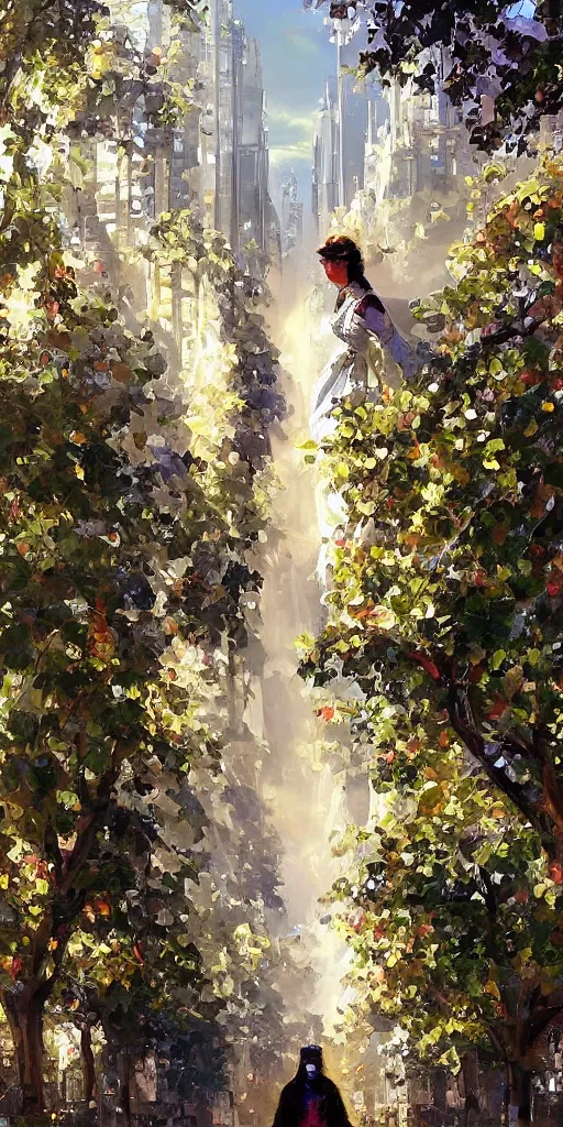 Prompt: portrait of a victorian lady in a futuristic city, from behind, streets, birds in the sky, sunlight and rays of light shining through trees, tall buildings on the sides, beautiful, solarpunk!!!, highly detailed, digital painting by Michael Garmash