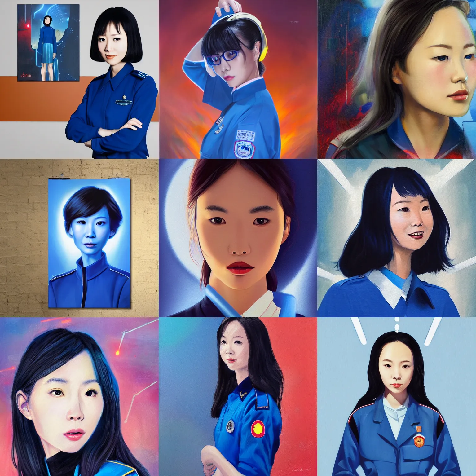 Prompt: a painting of Linda Park in a blue uniform, a character portrait by WLOP, cg society contest winner, sci-fi art, reimagined by industrial light, poster art, concert poster