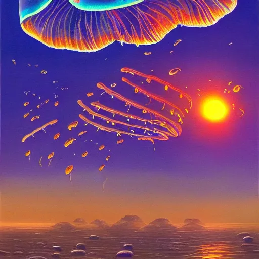 Image similar to a beautiful painting of a group of jellyfish fly in sunset by Angus Mckie, Trending on artstation