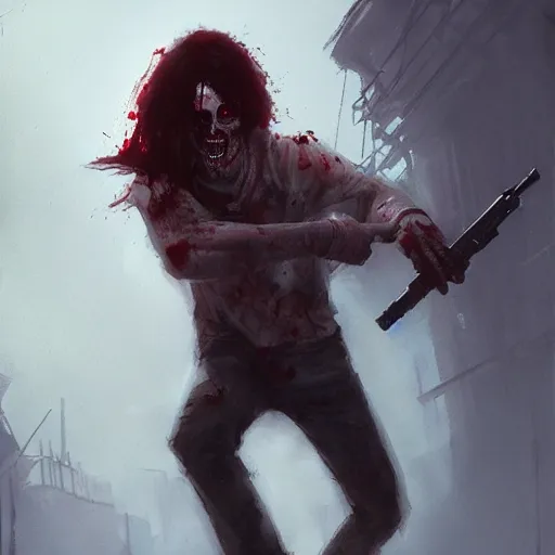 Image similar to putting in a zombie apocalypse holding a gun by greg rutkowski