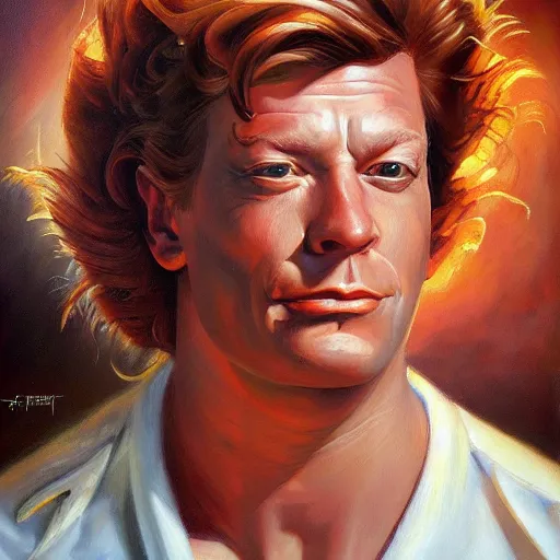 Prompt: detailed portrait of fry futurama intricate, hyper detailed, realistic, oil painting, by julie bell, frank frazetta, cinematic lighting