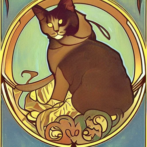 Prompt: a cat in the style of alphonse mucha