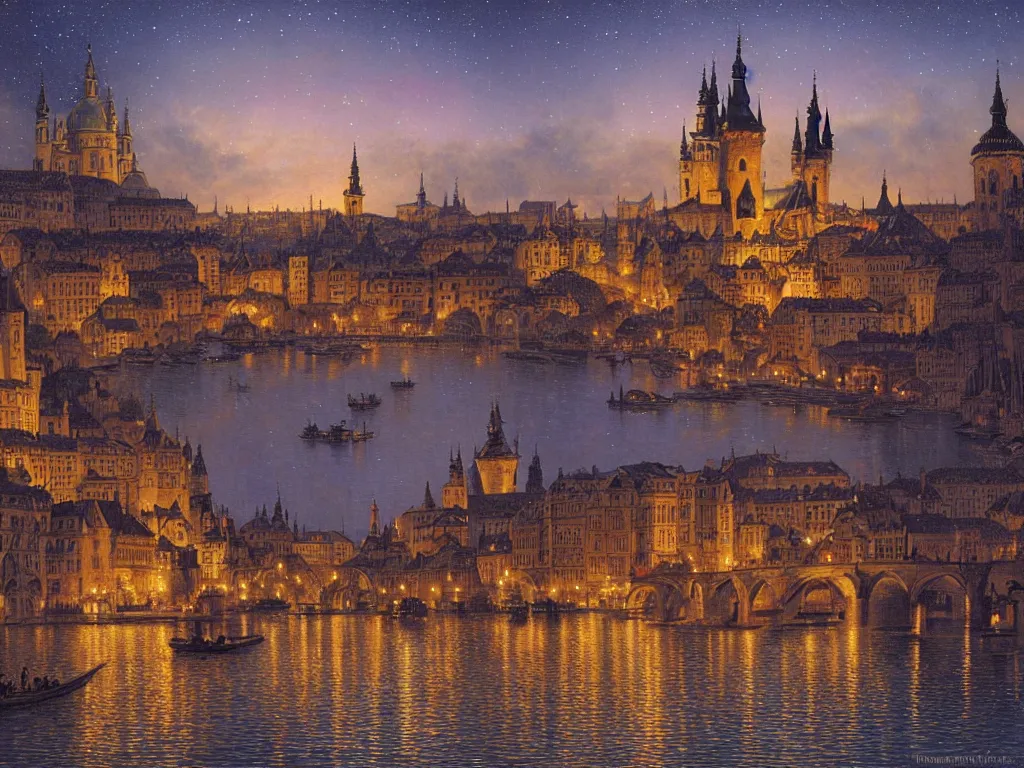 Image similar to a view from the river an ancient medieval castle city resembling prague, paris, and venice at night with northern lights in the sky, intricate, elegant, highly detailed, digital painting, artstation, concept art, smooth, sharp focus, colored illustration for tattoo, art by thomas kincade, krenz cushart and artem demura and alphonse mucha,