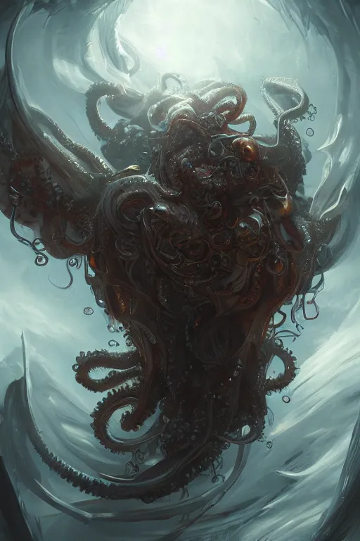Prompt: art masterpice, demonic tentacled cthulu descending from the clouds, intricate, beautiful cinematic lighting, stunning painting by artgerm, caravaggio, android jones, wadim kashin