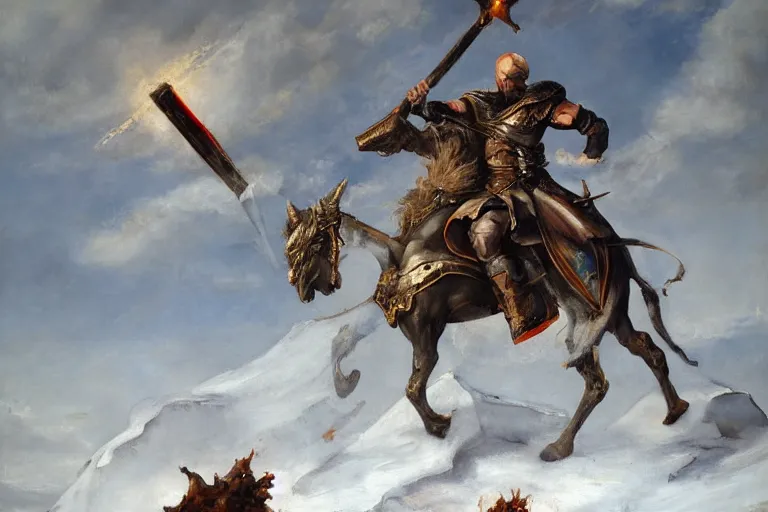 Image similar to landscape, realistic painting image about a templar knight with one mechanical hand carrying a fire sword, wielding it at the berserk ice dragon. dramatic scene, realism, created by gustave courbet and michaelangelo, trending in artstation, fine art, smooth draw with oil painting.