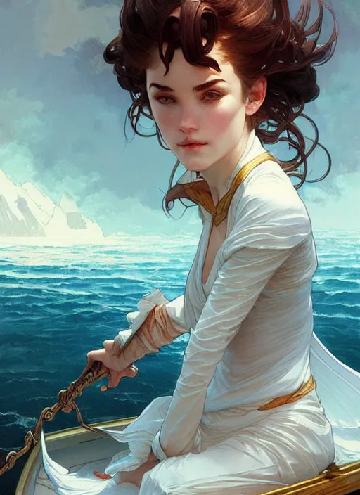 Image similar to sailor on its boat, fantasy, highly detailed, digital painting, artstation, concept art, wallpaper, smooth, sharp focus, illustration, art by artgerm and greg rutkowski and alphonse mucha