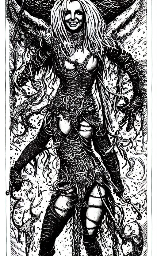 Image similar to britney spears as a d & d monster, full body, pen - and - ink illustration, etching, by russ nicholson, david a trampier, larry elmore, 1 9 8 1, hq scan, intricate details, inside stylized border