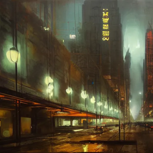 Prompt: underground city at the center of the earth, chillwave, electronic billboards, tech noir, wet reflections, atmospheric, ambient, livia prima, greg rutkowski, edward hopper, pj crook