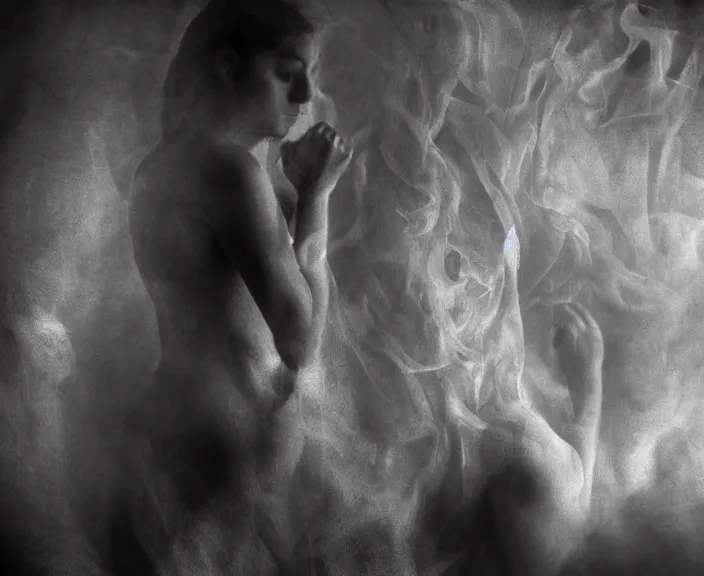 Prompt: the mystical scene of human transformation. slightly erotic, 35mm double-exposure photo, german expressionism, dramatic soft light, deep shadows and colors, photorealistic, detailed smoke and dust, natural bones and skin, natural textures, sensual, calming, depth of field, ambient occlusion, motion blur, HD, masterpiece, volumetric, chromatic aberration by Richard Avedon, style of Ade Santora, perfect composition, masterpiece, intricate detailed