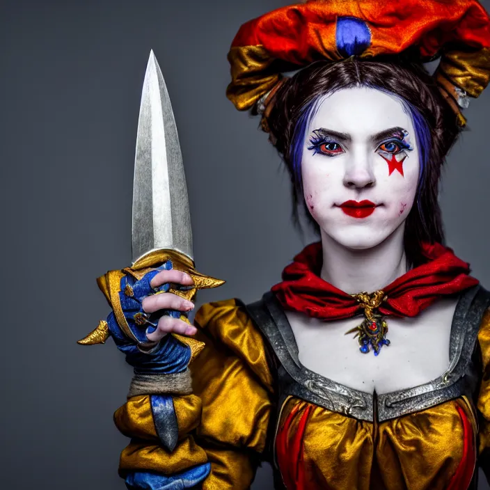 Image similar to full body photo of a real - life beautiful female jester warrior, 8 k, hdr, smooth, sharp focus, high resolution, award - winning photo