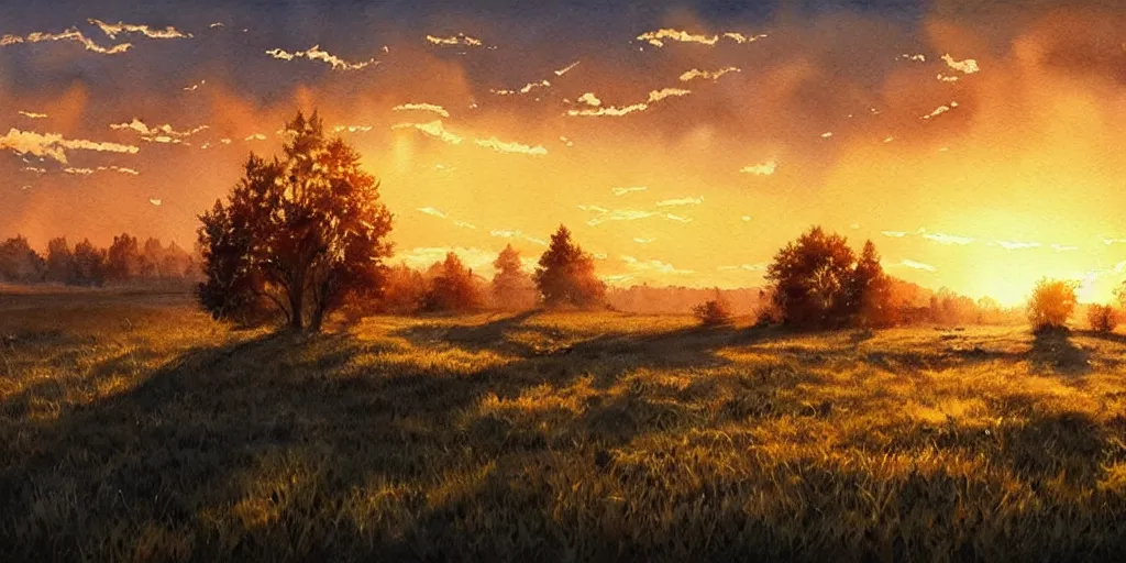 Prompt: golden hour nature landscape, watercolor, ultra realistic, highly detailed, hd, sharp focus, cinematic lighting, warm colors, realistic, photorealistic, vivid colors, painting, digital art, non blurry, sharp, artstation, smooth, illustration