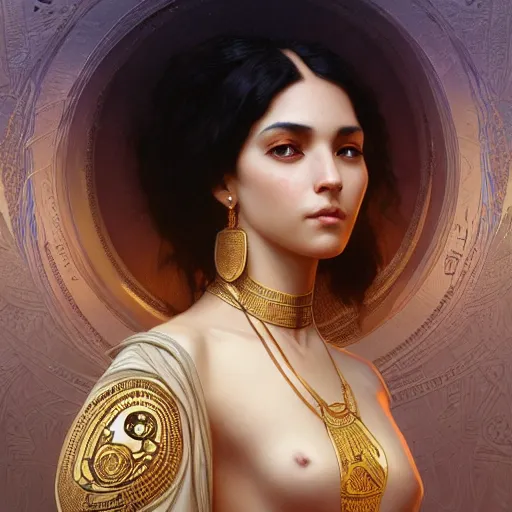 Image similar to portrait of an egyptian moon goddess, 3 / 4 view, intricate, elegant, highly detailed, digital painting, artstation, concept art, smooth, sharp focus, illustration, art by artgerm and greg rutkowski and alphonse mucha and william - adolphe bouguereau