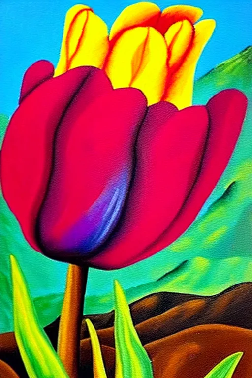 Image similar to a colorful painting of a side view of a tulip in with roots going deep into the ground in the stale of frida kahlo with the colors of mexico