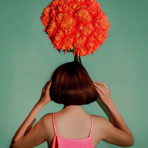 Prompt: giant flower head, frontal, girl standing in mid century hotel, surreal, symmetry, bright colors, cinematic, wes anderson