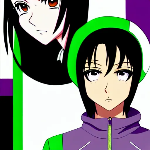 Prompt: anime poster film still portrait, young black woman, black black black woman, purple colored eyes!!!!, white!!! french bob hairstyle, green colored bomber jacket, detailed facial features, dynamic pose,, rimlight, cel shaded, 4 k