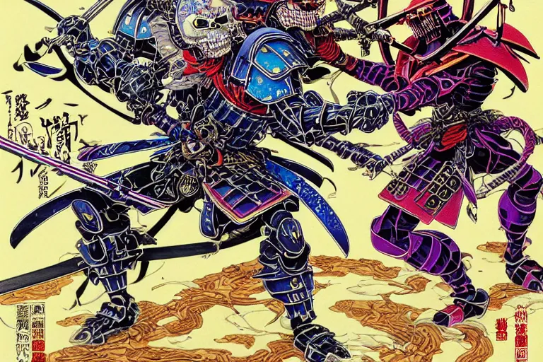 Image similar to portrait of two crazy skeletor samurais battle each other, with japanese armor and helmet, by yoichi hatakenaka, masamune shirow, josan gonzales and dan mumford, ayami kojima, takato yamamoto, barclay shaw, karol bak, yukito kishiro