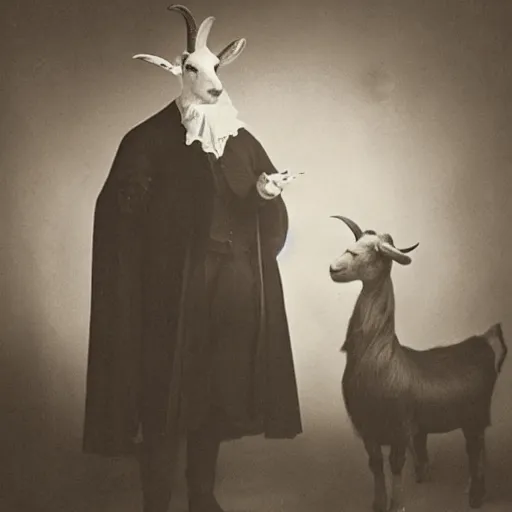 Image similar to Photo of a goat-headed victorian-style magician in a dimly lit room of a gothic castle