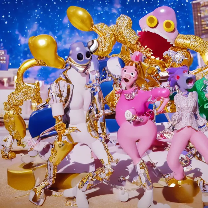 Image similar to jeff koons hip hop bauhaus style street sharks sailor moon wearing diamond grillz and a ton of bussdown iced gold bling in wallace & gromit strata - cut claymation, ultra realistic, concept art, intricate details, serious, highly detailed, photorealistic, octane render, 8 k, unreal engine, art by todd mcfarlane