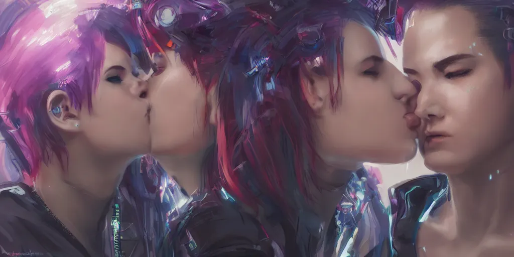 Prompt: cyberpunk lesbians kissing, 4k, trending on artstation