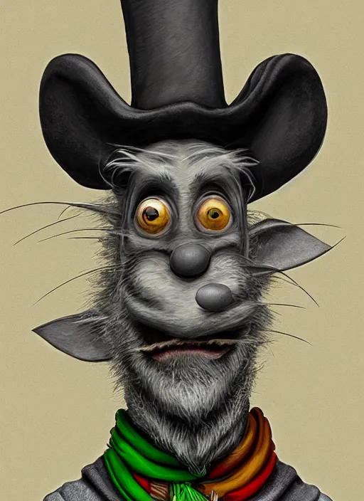 Image similar to anthropomorphic rat with human eyes and a gray beard, wearing jewelry, tricorne hat, green robe, d & d, digital art, detailed face, highly detailed, trending on artstation, realistic, studio lighting, drawn by dr. seuss