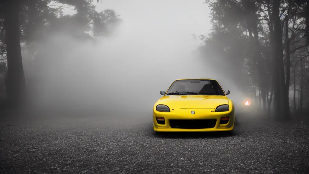 Image similar to a yellow jdm mazda rx 7, cinematic, nikon d 7 5 0, long exposure, white balance, 8 k, led, lumen global illumination, fog, ray tracing reflections, fxaa, rtx, post - production