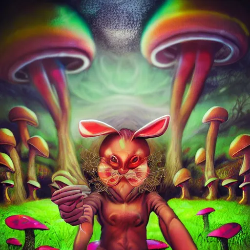 Image similar to 4 k headshot portrait of a psychedelic demonic anthropomorphic bunny rabbit with mushroom themed clothes, magic mushroom village in background by jeff easley, award winning, stylized neon, post - processing, masterpiece, superb resolution. in the art style of junji ito and greg rutkowski. detailed mushroom city in background. hyper realistic anime. perfect art. dalle 2