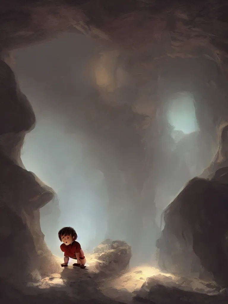 Image similar to lit child, in a dark cave, by disney concept artists, blunt borders, rule of thirds, soft light