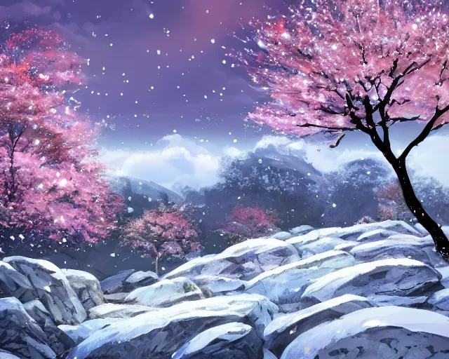 Image similar to snowy rocky field with a sakura tree, petals, cloudy, moodly lighting, snow in wind, illustration, by pine ( ハイネ ) and 薯 子 imoko and 香 川 悠 作 and wlop and maya takamura, highly detailed, trending artstation, pixiv, digital art