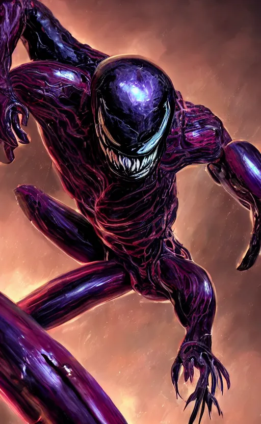 Image similar to venom in a venom inspired ironman suit, purple, black and red, dynamic lighting, photorealistic fantasy concept art, trending on art station, stunning visuals, terrifying, creative, cinematic