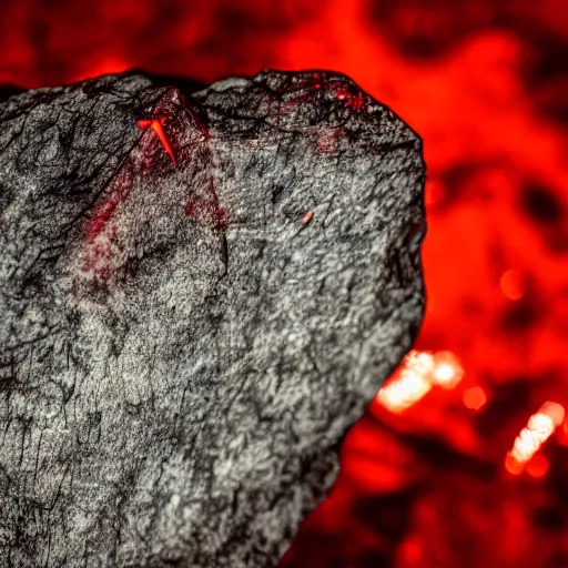 Prompt: a deep red, glowing, stick - shaped crystal on a rock, film grain