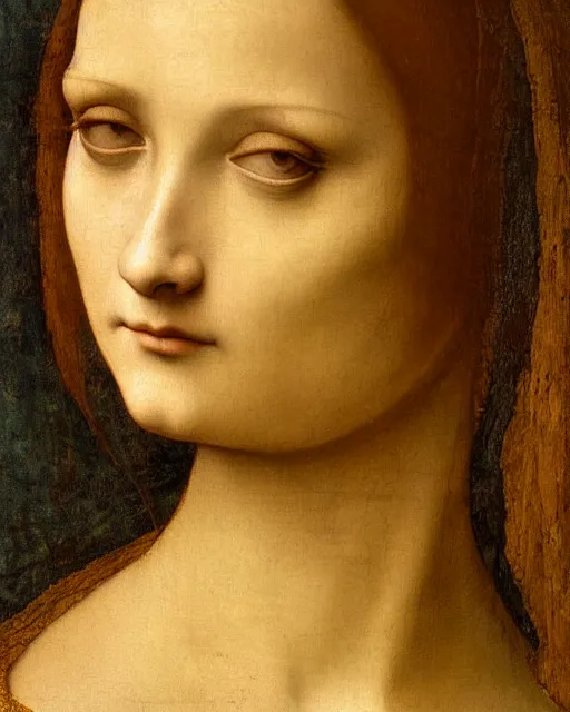 Image similar to a close up of a painting of a woman, a painting by leonardo da vinci, featured on deviantart, pre - raphaelitism, da vinci, fine art, pre - raphaelite