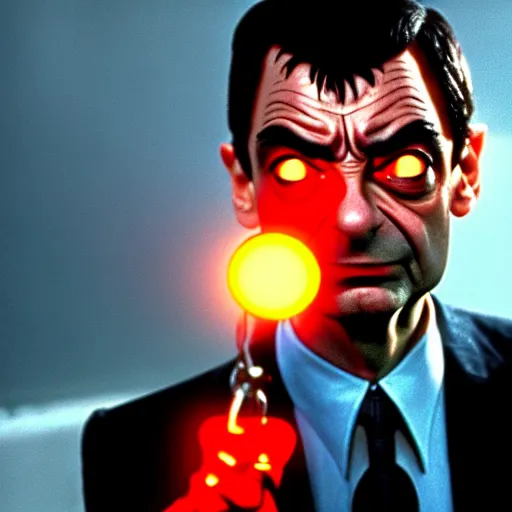 Prompt: mr. bean as the terminator. movie still. red glowing eye. t 1 0 0 0, cinematic lighting.