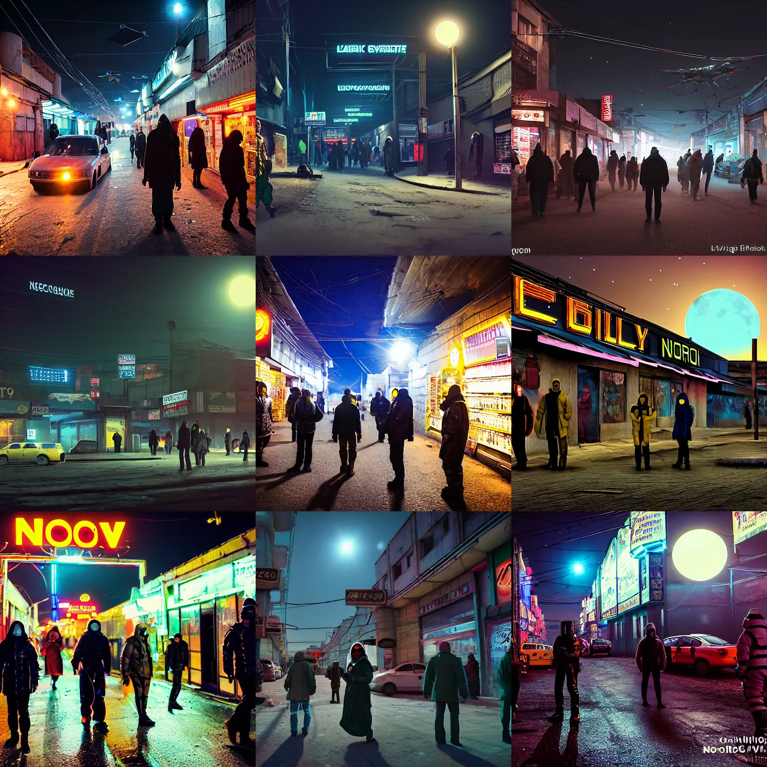 Prompt: diverse queue to a liquor store in cyberpunk outfits in a Russian slum city called Neo Norilsk on the Moon, at night, lots of hovercraft above them, diverse, lively, black sky full of stars, blinding sun, sci-fi, photorealistic, grainy, 35mm, intricate, very very beautiful, elegant, smooth, cinematic, Unreal Engine 5, by Beeple, trending on Artstation HD