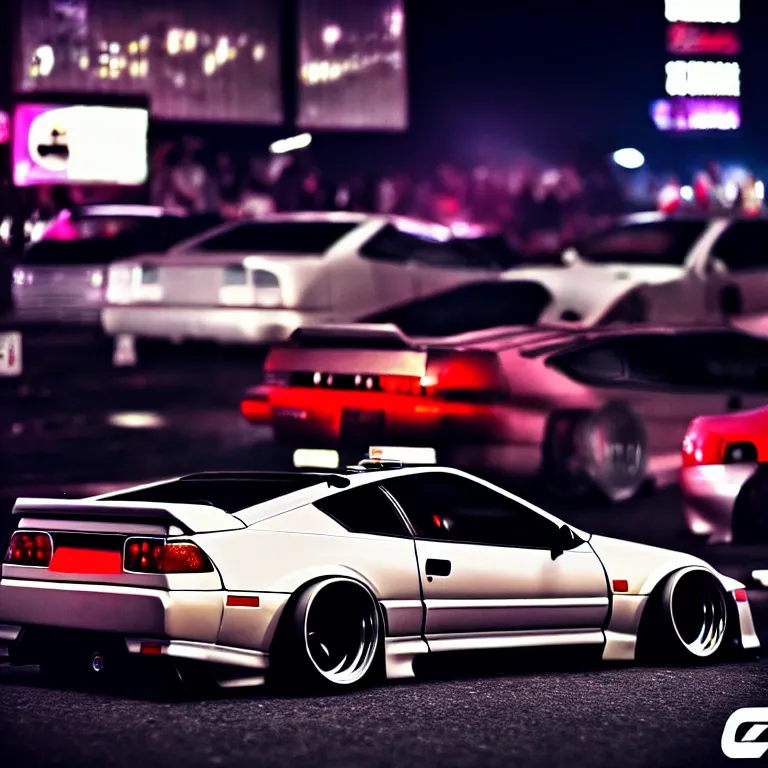 Image similar to a car 300ZX twin turbo drift at illegal car meet, Shibuya prefecture, city midnight mist lights, cinematic lighting, photorealistic, highly detailed wheels, high detail