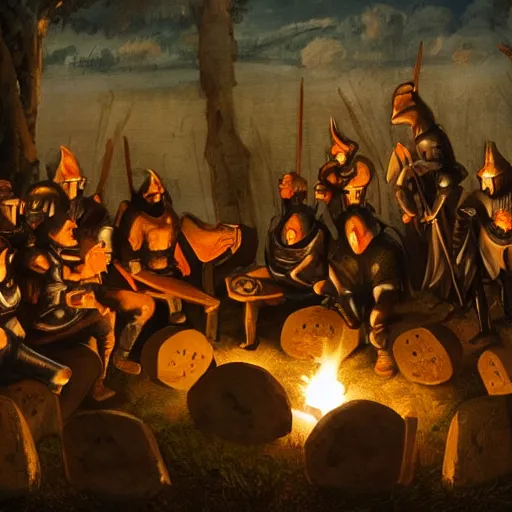 Prompt: Medieval knights gathered around a firepit surrounded by werewolves